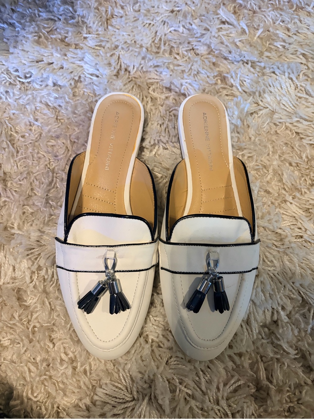 Adrienne Vittadini White Slip-On Tassel Mules with Black Trim